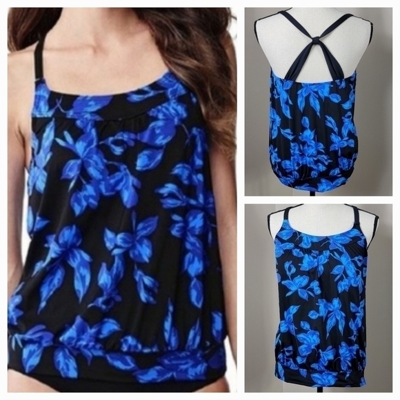 Lands' End Blouson Black & Blue Floral Tankini Swim Top Sz 10 DD - Picture 2 of 15